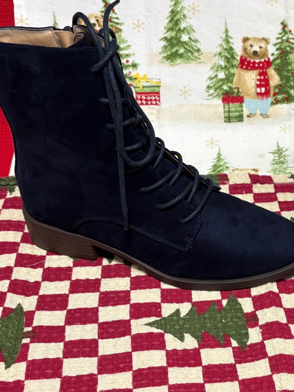 Faux Suede Lace up/with side Zipper Navy Ankle Boots